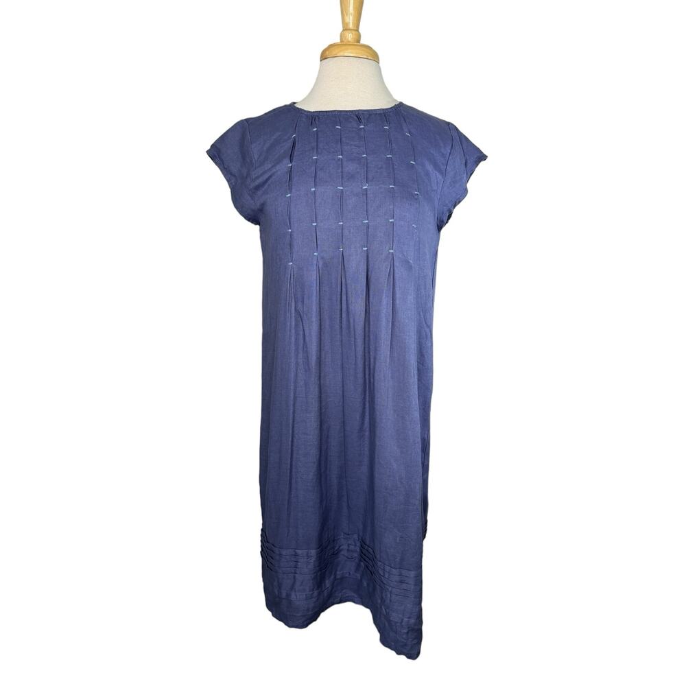SUNDANCE Periwinkle Pleated Bodice Hem 100% Linen Shift Dress Size Small Purple